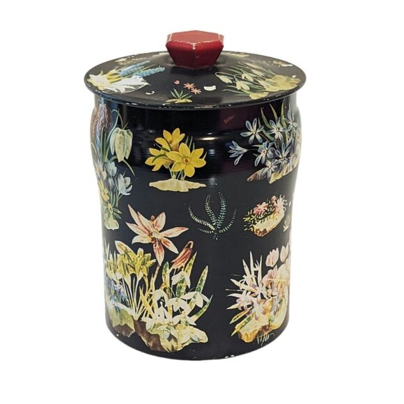 Vintage Mid Century Botanical Metal Toffee Tin Black George W Horner & Co. MCM - Picture 1 of 8